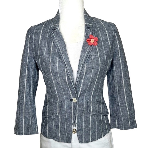 American Eagle Outfitters Jackets & Blazers - AEO Blazer Fitted Striped Linen Cotton Chambray Office Jacket Blue White XS